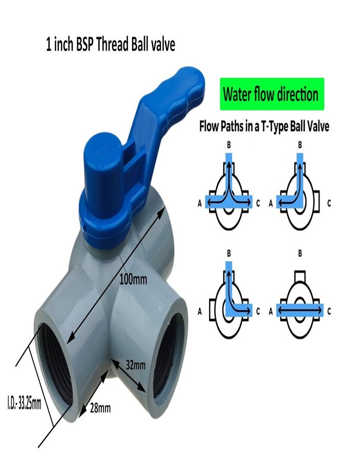 ES EKSAFAR ESEKSAFAR 2pc T-Way Female PVC Ball Valve Ball BSP Thread 1 inch for 33.25mm outer diameter pipe fitting - Image 3